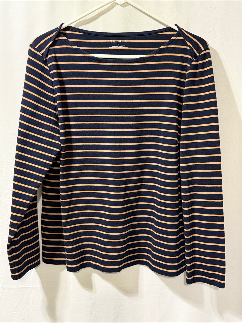 Talbots Navy and Camel Striped Long-Sleeve Boatneck Top